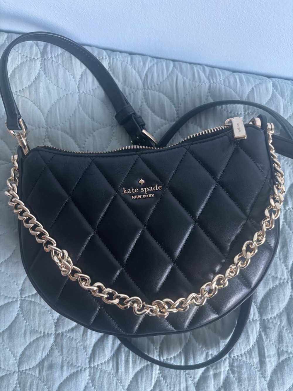 kate spade Black Quilted Leather Shoulder Bag with Gold Chain Accent